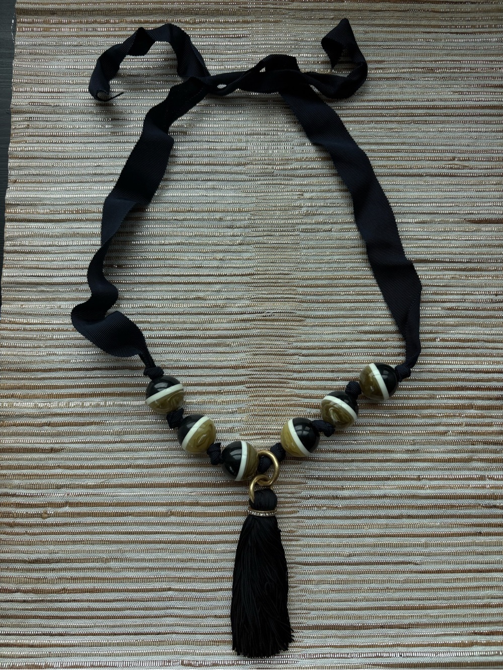 Ann Taylor Black and Gold Bead and Tassel Ribbon Necklace